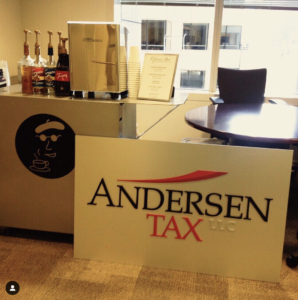 Gold coffee bar cart by Espresso Dave's at the Andersen Tax office