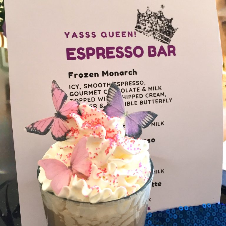 Custom Frozen Monarch espresso drink with whipped cream, edible butterflies, and a themed menu for Espresso Dave’s event coffee catering