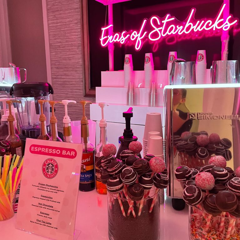Espresso Dave’s themed event coffee catering display with a custom espresso menu, neon sign, and coordinated specialty drink presentation