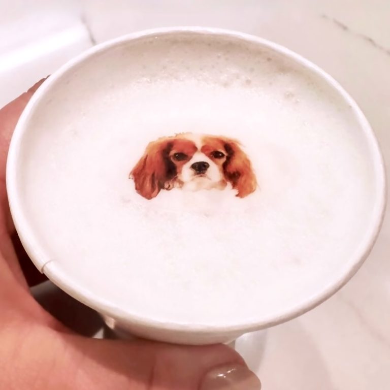 Latte with a custom edible dog photo Beverage Topper® for an Espresso Dave’s event coffee catering celebration